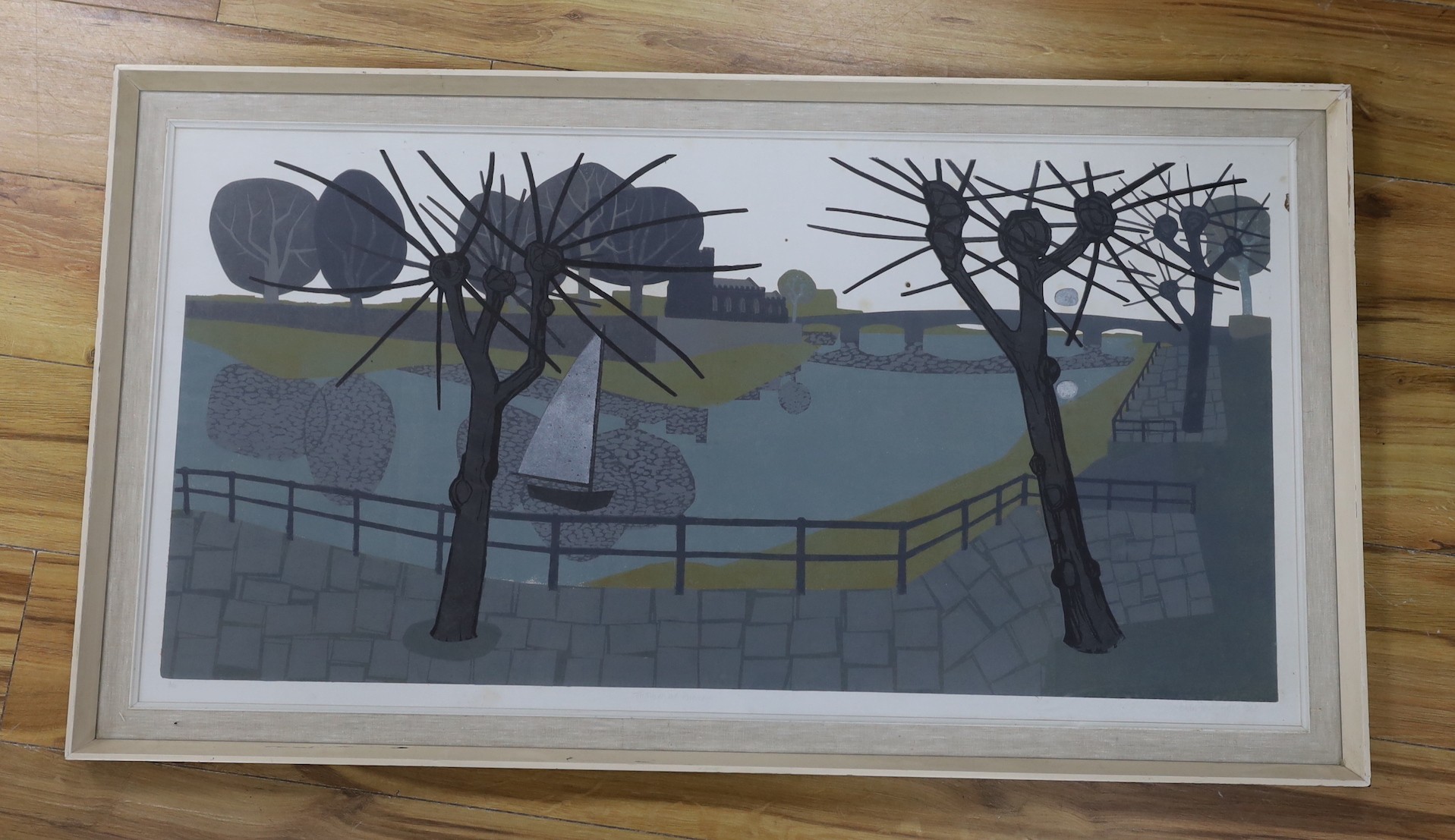 Evan Jennings, screenprint, 'Thames at Putney', signed in pencil and dated 1963, 9/10, 49 x 95cm